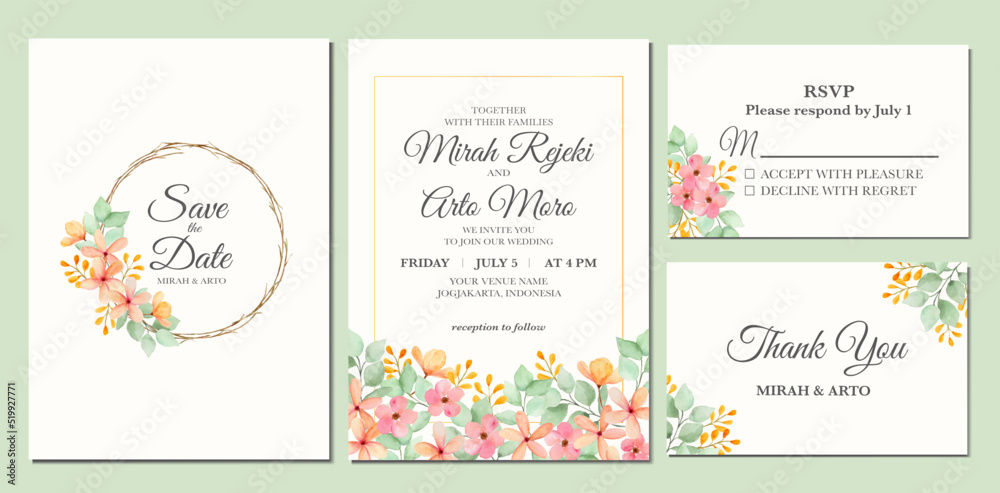 Manual painted of flower watercolor as wedding invitation.