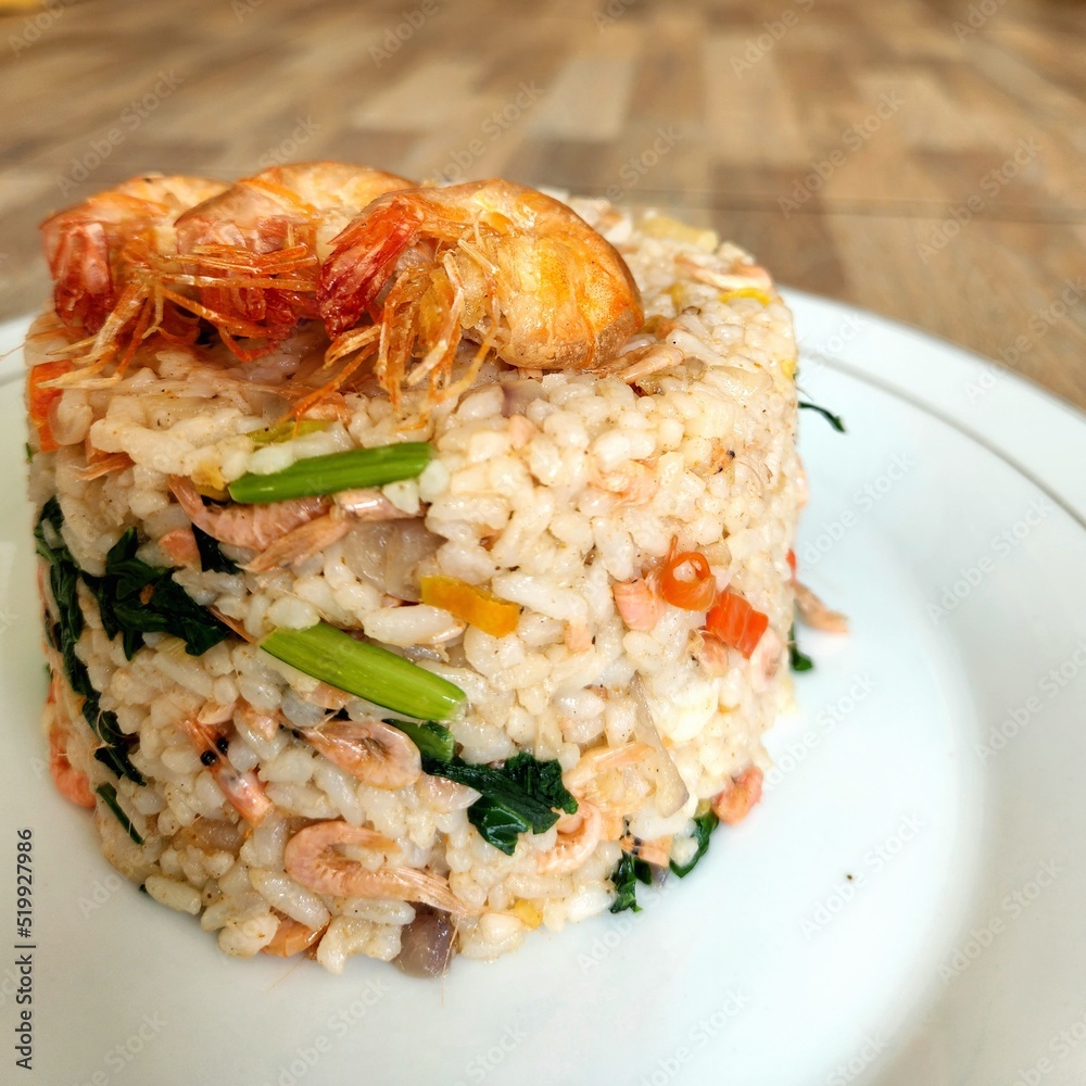 Macro shot on a fried rice with vegetable and ebi. Macro shot on a fried rice with vegetable and ebi.