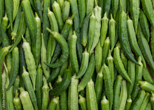 Fresh green okra vegetable display for sale in the market place
