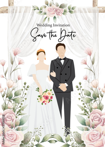 Wedding invitations card with cute couple bride and groom cartoon vector illustration