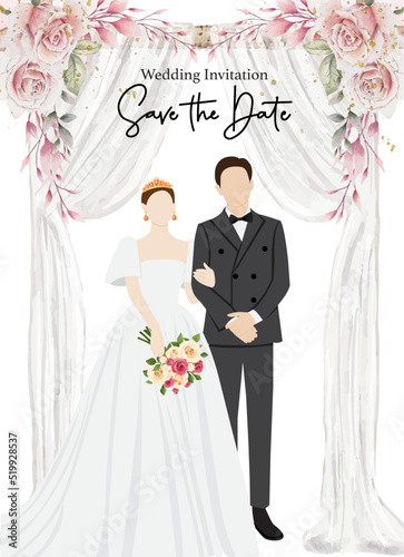 Wedding invitations card with cute couple bride and groom cartoon vector illustration