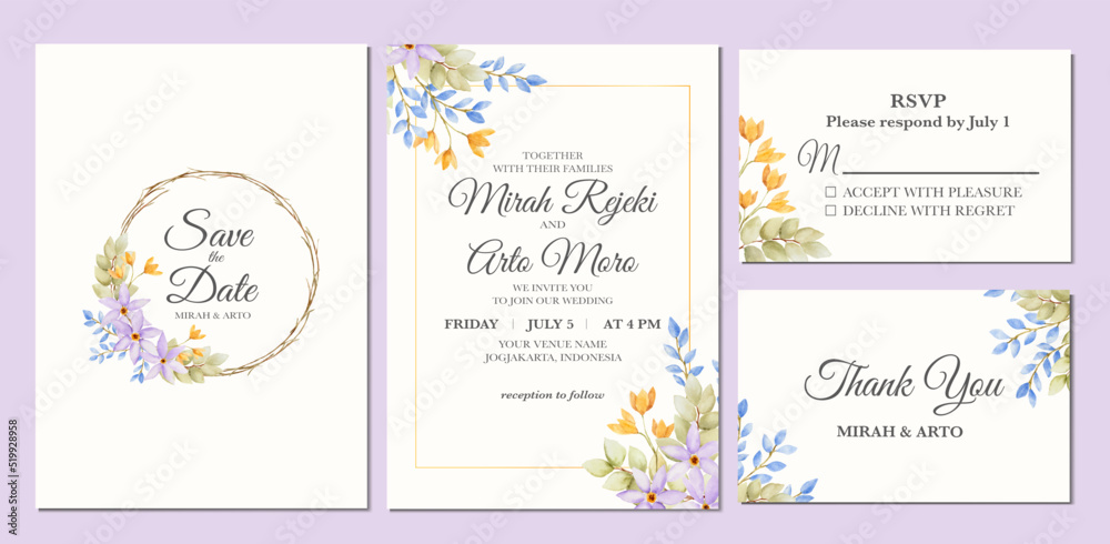 Manual painted of flower watercolor as wedding invitation 
