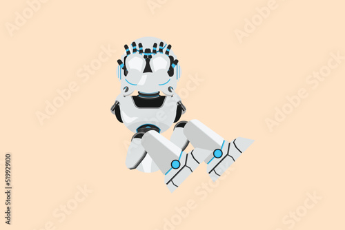 Business flat cartoon style drawing depressed robot feeling sad with holding head and sit on the floor. Frustrated cyborg. Modern robotic artificial intelligence. Graphic design vector illustration