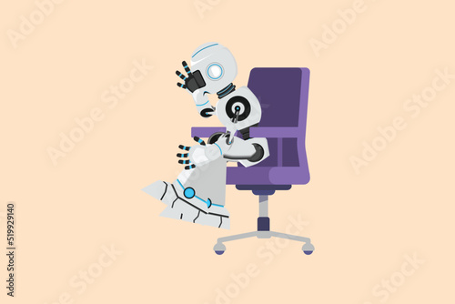 Business flat cartoon style drawing depressed robot sitting on chair thinking about money for paying bills during crisis. Modern robotic artificial intelligence. Graphic design vector illustration