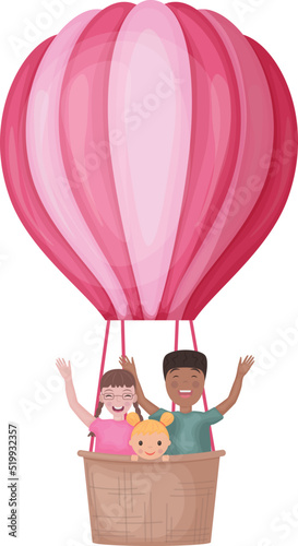 Balloon with children. Different kids on a hot air balloon. Funny children are flying in a balloon and waving their hands. Funny travelers. Vector illustration isolated on a white background