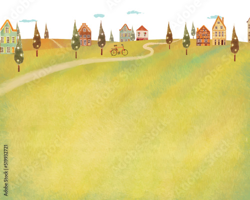 秋の紅葉した景色とかわいいレトロな建物が並んだ北欧風ベクターフレーム白バック背景素材