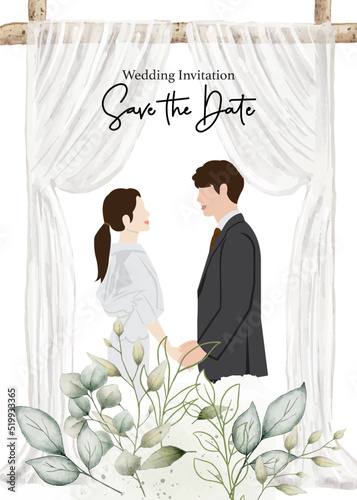 Wedding invitations card with cute couple bride and groom cartoon vector illustration