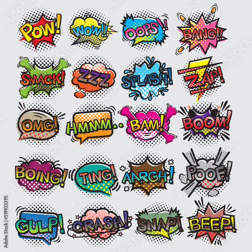 Comic speech bubble. Cartoon comic book text clouds. Comic pop art book pow, oops, wow, boom exclamation signs vector comics words set. Creative retro balloons with funny slang phrases and expressions photo