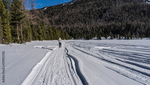 Snowmobile tracks are visible on the frozen and snow-covered lake. Pure white snow all around. A man in a down jacket walks off into the distance. Ahead is a mountain with a wooded slope. Altai. 