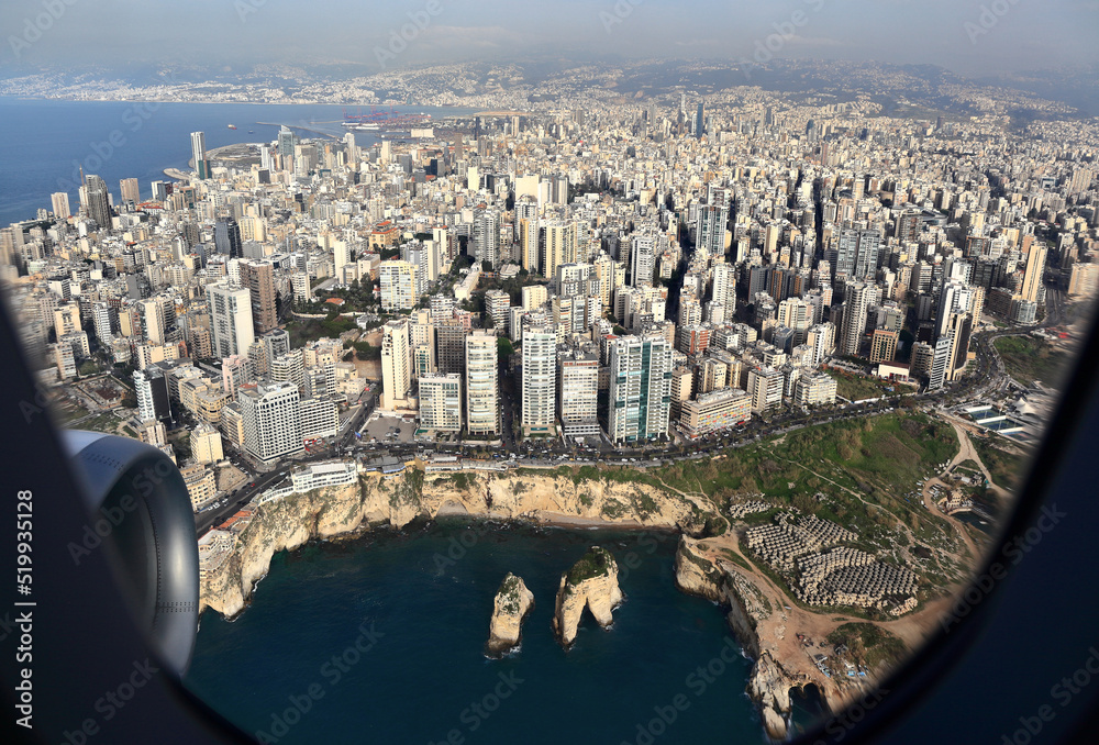 Naklejka premium View of Beirut from the airplane, including the famous pigeon rocks, as one flies into Beirut Airport.