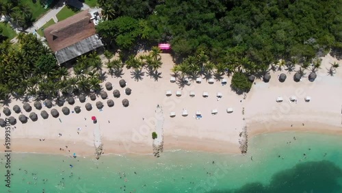 Aerial view of a paradise beach with turquoise water in Baru, Cartagena, Colombia