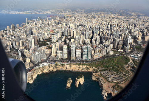 View of Beirut from the airplane, including the famous pigeon rocks, as one flies into Beirut Airport.