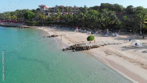 Aerial view of a paradise beach with turquoise water in Baru, Cartagena, Colombia