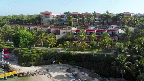 Aerial view of a paradise beach with turquoise water in Baru, Cartagena, Colombia