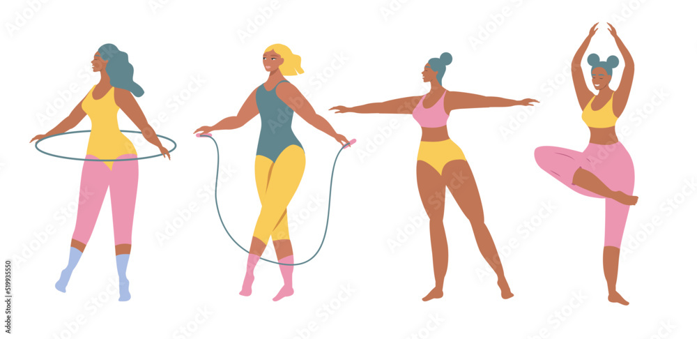 vector illustration in flat style - various girls doing fitness and gymnastics vector illustration in flat style - various girls doing fitness and gymnastics