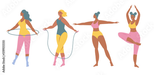 vector illustration in flat style - various girls doing fitness and gymnastics