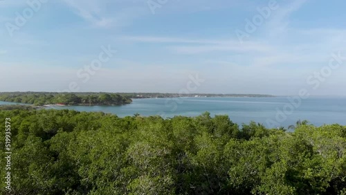 Aerial view of Playa Blanca beach in Baru Island, Cartagena de Indias, Colombia