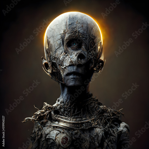 Fotografia, Obraz Demonic Monster creature Portrait 3D illustration with dramatic lighting in a fr