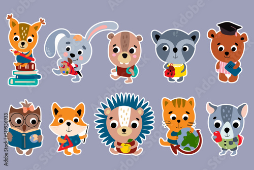 Fototapeta Naklejka Na Ścianę i Meble -  Back to school. Animal stickers set. Vector illustration.