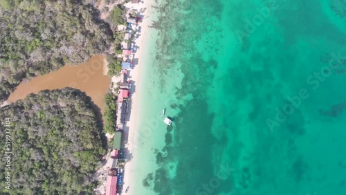 Aerial view of Playa Blanca beach in Baru Island, Cartagena de Indias, Colombia