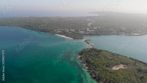Aerial view of Playa Blanca beach in Baru Island, Cartagena de Indias, Colombia
