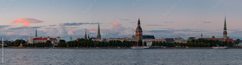 Panoramic view of old town in Riga in a beautiful summer evening sunset, Latvia