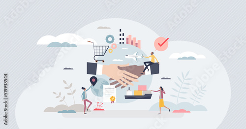 Supply chain management with logistics process planning tiny person concept. Worldwide distribution, inventory control and suppliers monitoring task for professional SCM work vector illustration.