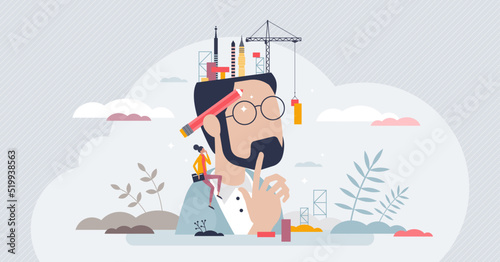 Engineering vision and technological mindset skills tiny person concept. Mind ability to find mechanical solutions, project planning and technical thinking vector illustration. Engineer work strength.