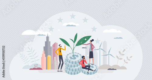 Sustainable investment and nature friendly business tiny person concept. Financial growth in future with ecological and environmental power consumption vector illustration. Green economy thinking. photo