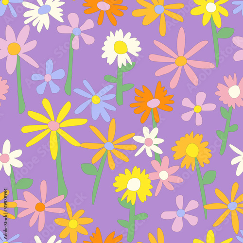 Floral seamless vector pattern. Nostalgic retro 60s-70s groovy print. Vintage floral background. Textile and surface design with old fashioned hand drawn naive colorful flowers © Evgeniya Khudyakova