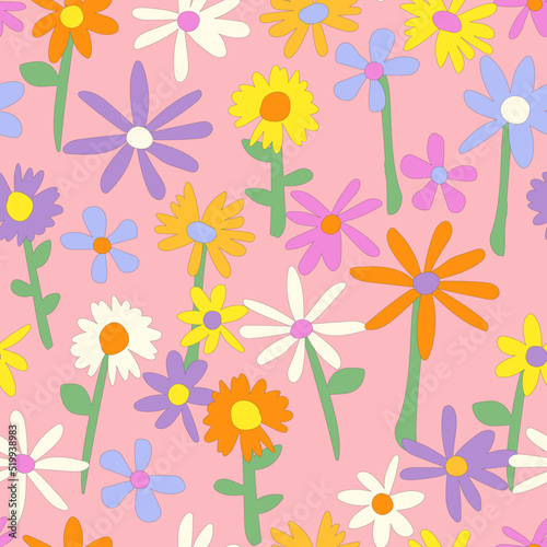 Floral seamless vector pattern. Nostalgic retro 60s-70s groovy print. Vintage floral background. Textile and surface design with old fashioned hand drawn naive colorful flowers © Evgeniya Khudyakova