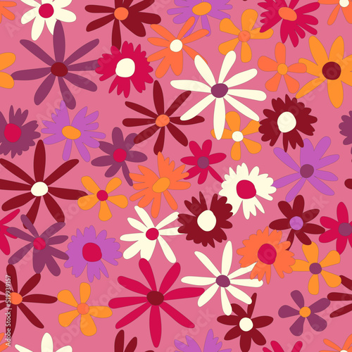 Floral seamless vector pattern. Nostalgic retro 60s-70s groovy print. Vintage floral background. Textile and surface design with old fashioned hand drawn naive colorful flowers