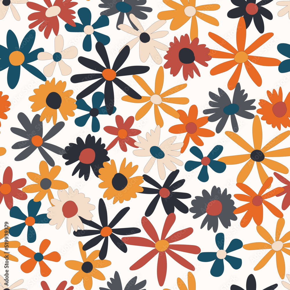 Floral seamless vector pattern. Nostalgic retro 60s-70s groovy print. Vintage floral background. Textile and surface design with old fashioned hand drawn naive colorful flowers Floral seamless vector pattern. Nostalgic retro 60s-70s groovy print. Vintage floral background. Textile and surface design with old fashioned hand drawn naive colorful flowers