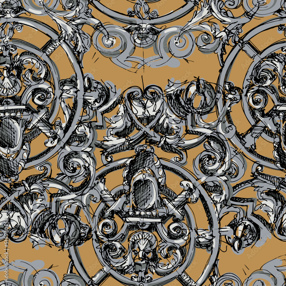 Baroque ornament with a lion's head - seamless pattern