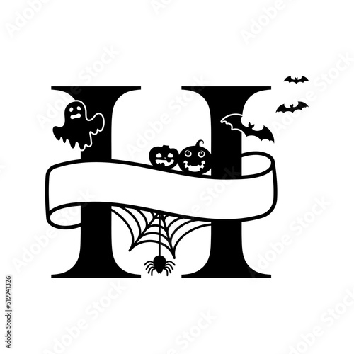 Cute Halloween letter H split monogram. Cartoon ghost, pumpkin, bat for kids t-shirt, nursery decoration, baby shower, greeting card, invitation, scrapbooking, home decor. Vector stock illustration.