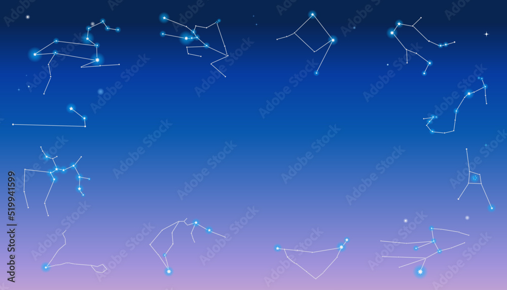 Fototapeta 十二星座の星座線のフレームイラスト 青い星空の背景 ホロスコープ 星座 シルエット Naklejamy Com