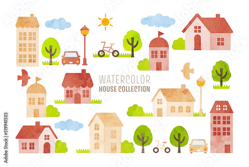 watercolor hand drawn houses illustration  red and beige 