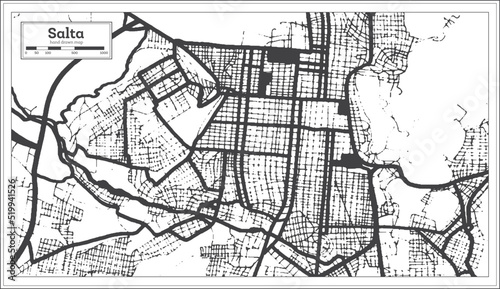 Salta Argentina City Map in Black and White Color in Retro Style Isolated on White.