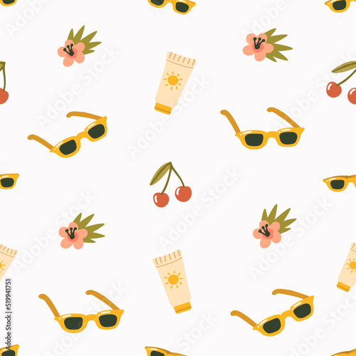 Seamless pattern with summer items: sunscreen, tropical flower, sunglasses, sweet cherry. Vector illustration isolated on a white background.