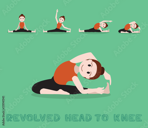 Yoga Tutorial Revolved Head to Knee Pose Cartoon Vector Illustration