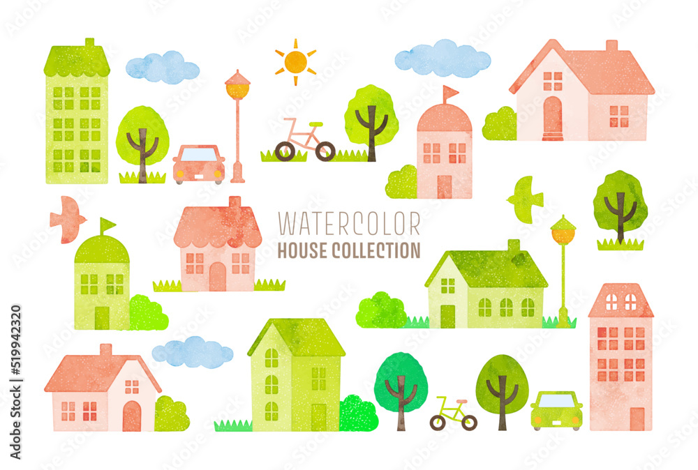 watercolor hand drawn houses illustration (pink and green)