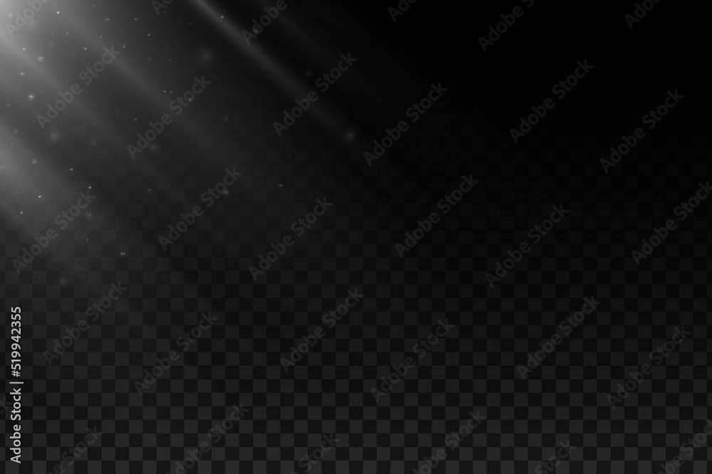 White light effect of rays with flying glowing dust isolated on dark ...