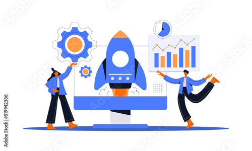 Business development process. Product innovation, creative ideas. Starting launch, Startup business, entrepreneurial concept. Flat vector illustration