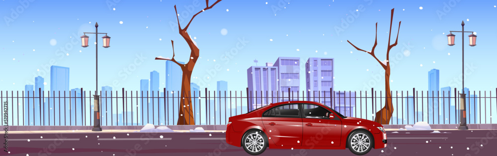 winter Village Road with snow cored red car on road empty tree snow fall buildings at log distance as a background blue sky city