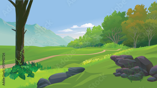 indian forest area with mountain. large green ground and tree. jungle area dark forest