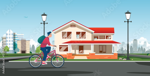 boy cycling in a city in front of a big house. smart city buildings layouts Indian city
