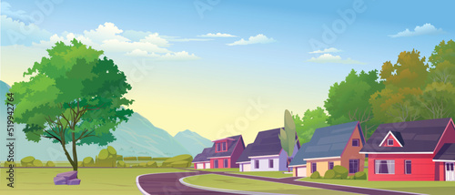 Road panorama over a street Vector illustration of summer street in cartoon style. village style houses nature beautiful place of village
