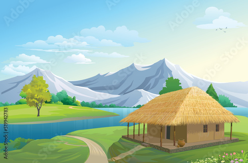 Illustration of an outdoor in the jungle and natural. village house at the river bank mountains and river Indian village rural
