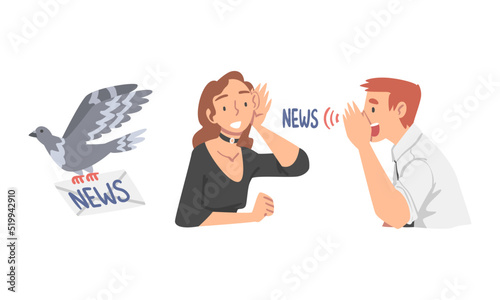 Man and Woman Character Gathering and Spreading News Vector Set