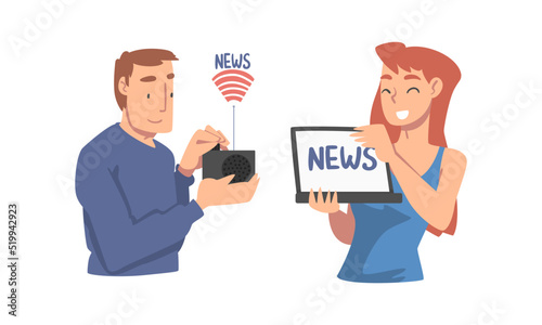 Man and Woman Character Gathering News from Radio and Internet with Laptop Vector Set